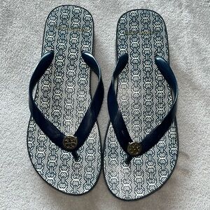 Tory Burch Wedge Flip Flops Navy Blue with Gold logo